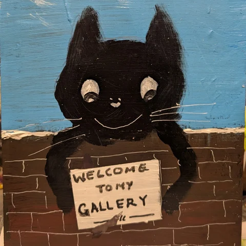 Detail: Black cat holding a gallery welcome sign.