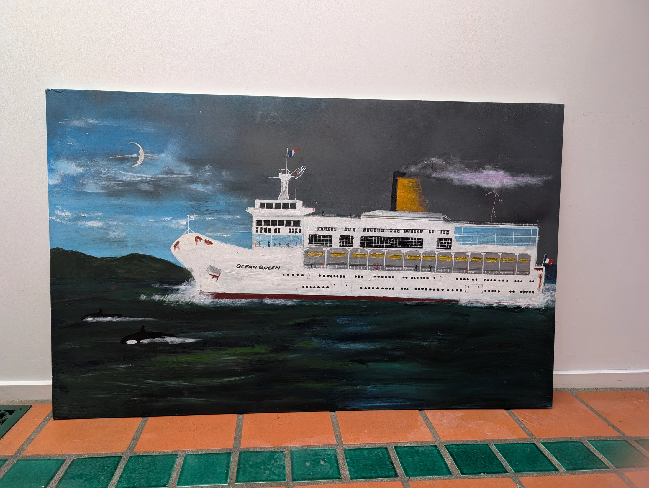 Another photograph of the same passenger ship painting, showing the complete canvas against a wall.