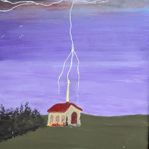 Detail: Lightning and a church.