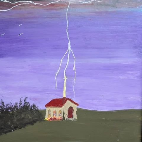 Detail: Lightning and a church.