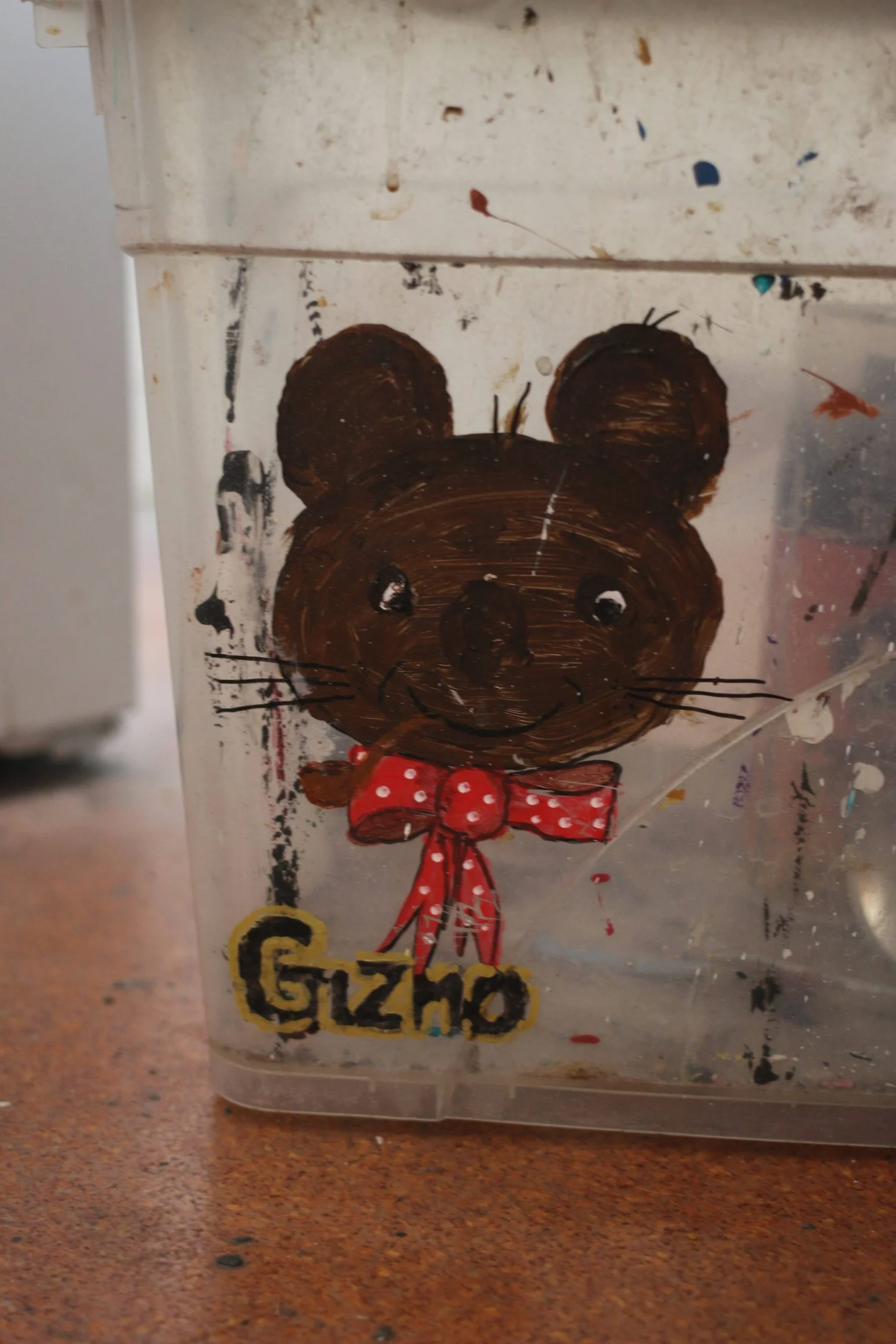 A painted bear face labelled Gizmo on a paint-marked surface.